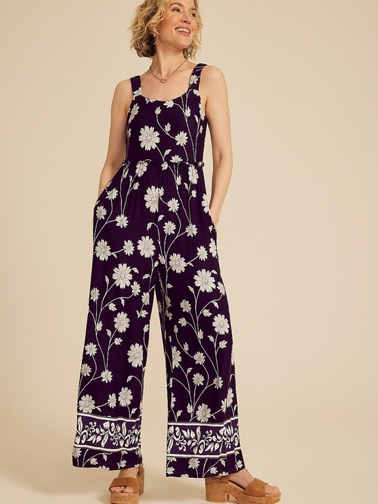 Maurices Pants - Maurices Purple Floral Wide-Leg Jumpsuit with White Print